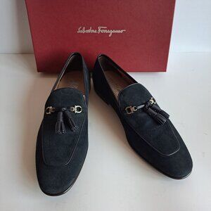 New Salvatore Ferragamo Dark Blue Suede Loafers with Tassel & Gancini Size 11